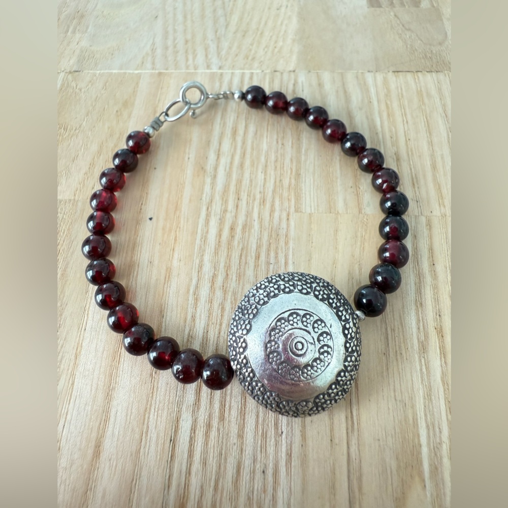 Bohemian silver and red beaded bracelet